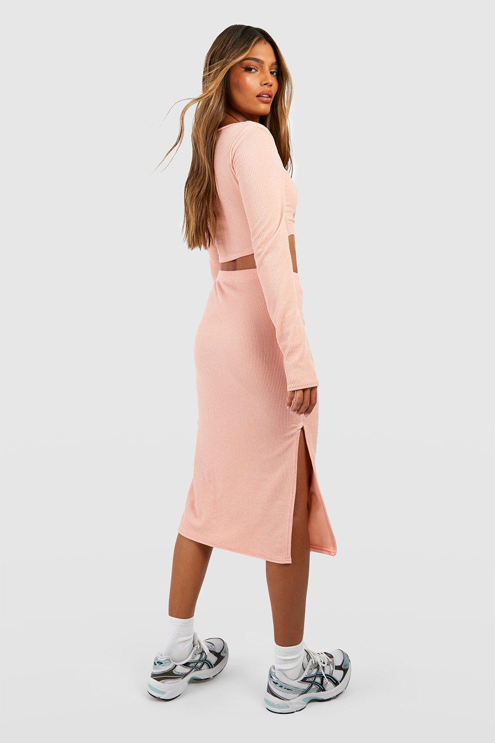 Pink ribbed hotsell midi skirt